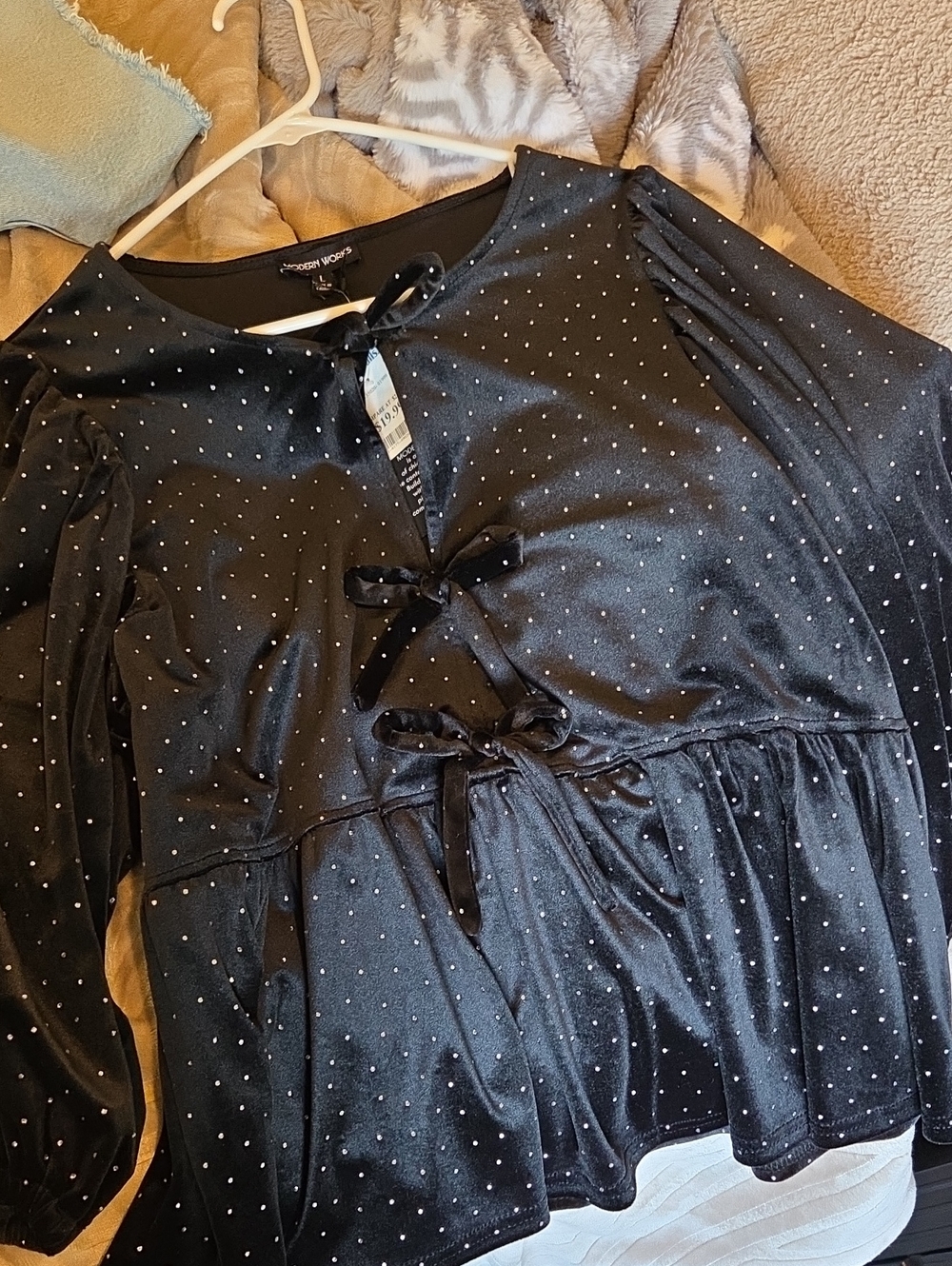 Black Satin Peplum Blouse with Velvet Tie Accents